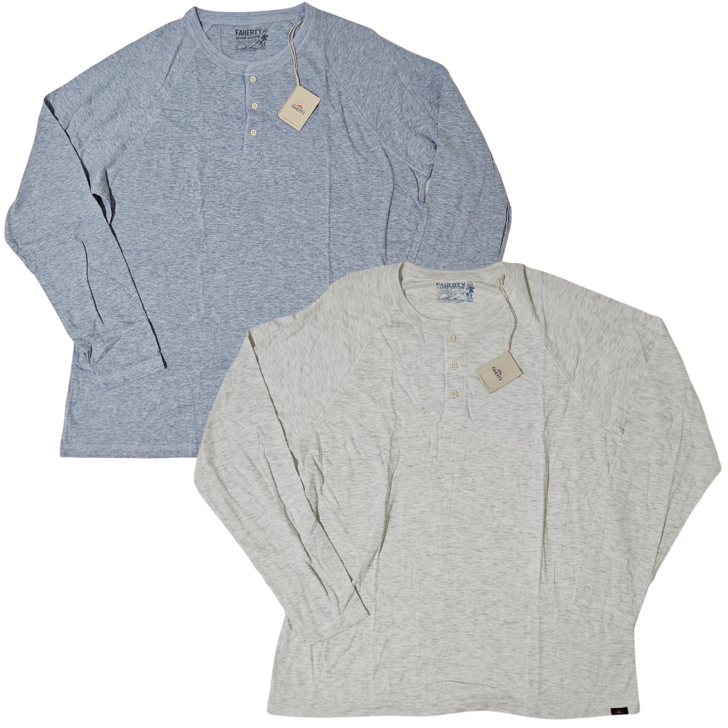 2 Faherty Newport Cloud Henley Shirts Long-Sleeve Xxl Light Blue Heather & Ivory